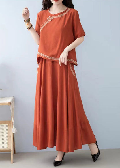 New Orange O Neck Pockets Linen Two-Piece Set Summer RE032