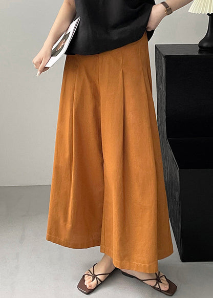 New Orange Pockets Solid Cotton Wide Leg Pants Summer QE045