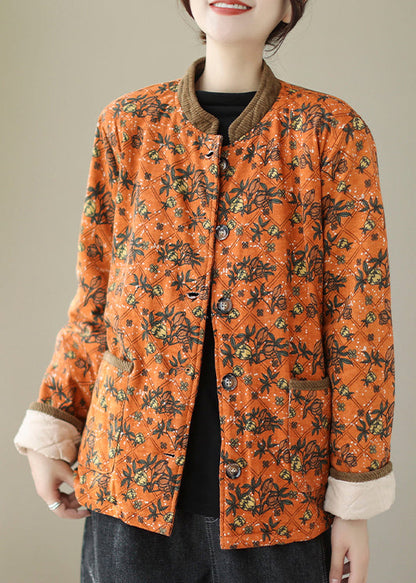 New Orange Print Pockets Thick Parkas Winter QO063