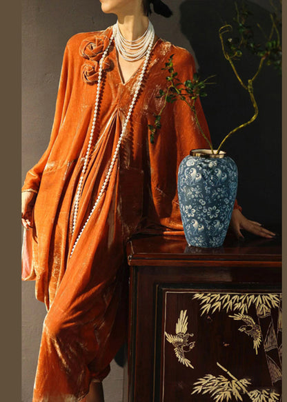 New Orange V Neck Solid Silk Velvet Dress Spring QA1022 Ada Fashion