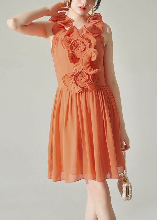 Nouvelle robe mi-longue en mousseline de soie unie froissée orange sans manches XX008