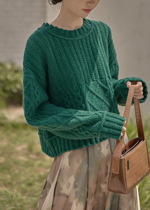 Nouveaux pulls en maille torsadée patchwork vert paon à col rond, automne TU046