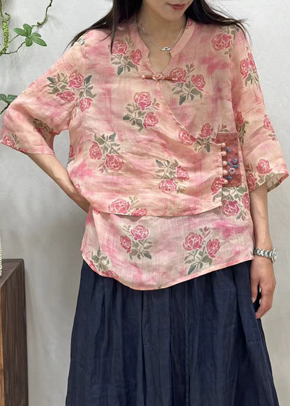 New Pink Asymmetrical Button Print Linen Shirt Half Sleeve JH004