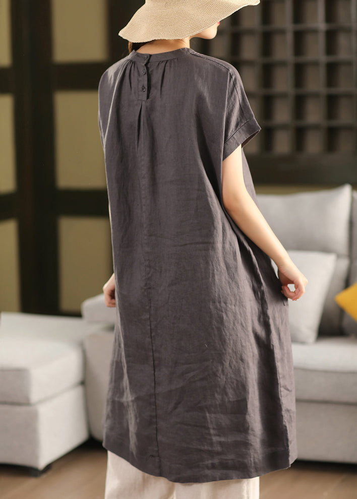Open Pink Dress Linen Pockets Summer New Button Side