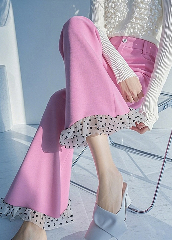 Pantalon évasé à pois et patchwork rose taille haute, neuf