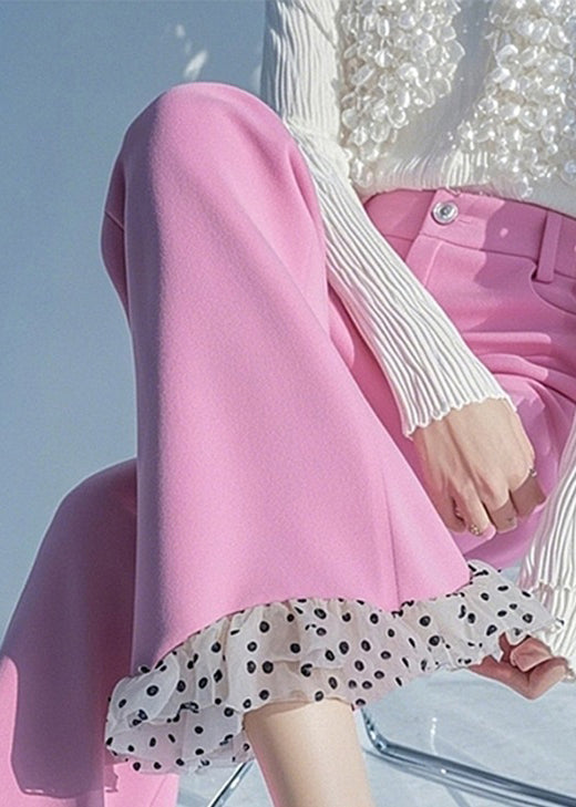 Pantalon évasé à pois et patchwork rose taille haute, neuf
