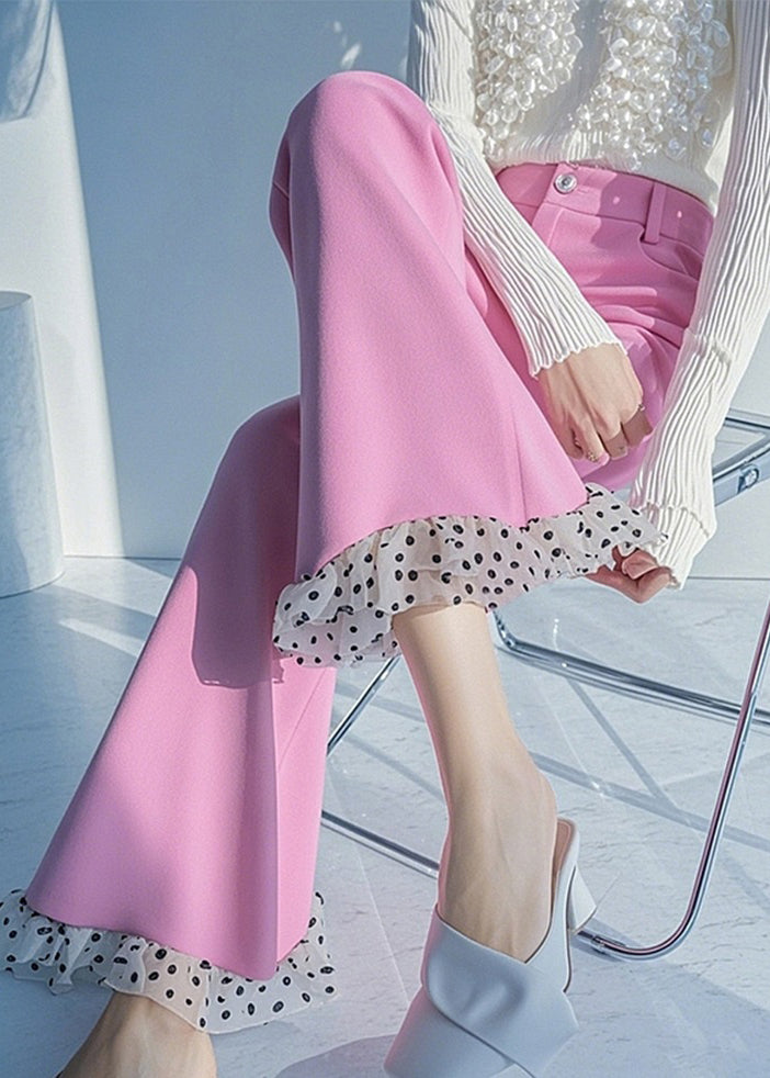 Pantalon évasé à pois et patchwork rose taille haute, neuf