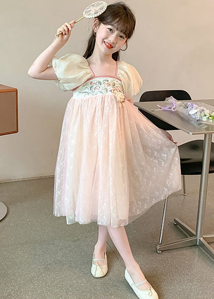 New Pink Embroideried Print Patchwork Tulle Girls Dress Summer TT031