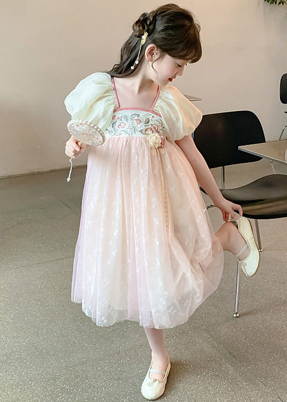 New Pink Embroideried Print Patchwork Tulle Girls Dress Summer TT031