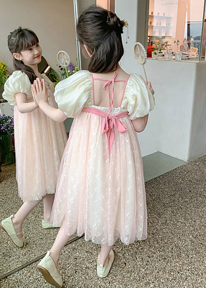 New Pink Embroideried Print Patchwork Tulle Girls Dress Summer TT031