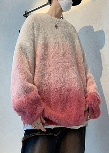 New Pink Gradient Color Thick Mink Hair Knitted Mens Sweaters Fal QH040