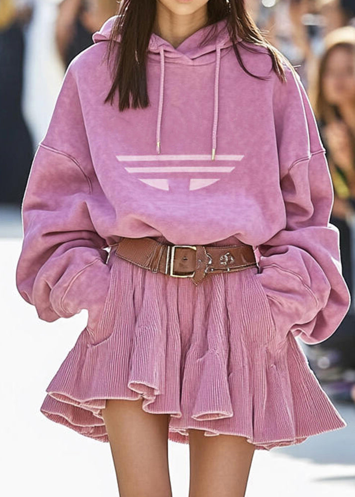 New Pink Hooded Sweatshirt And Skirts Cotton Two Pieces Set Fall RK020