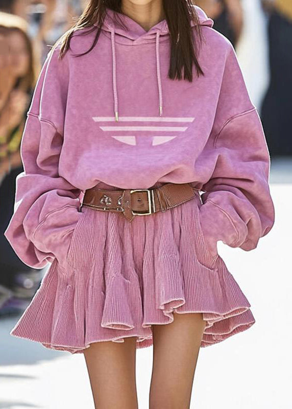 New Pink Hooded Sweatshirt And Skirts Cotton Two Pieces Set Fall RK020