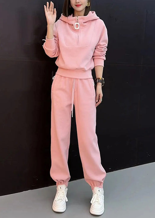 And Beam Cotton New Tops Pieces Pants Hooded Two Zippered Pink