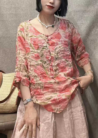 New Pink O Neck Button Print Linen Shirt Bracelet Sleeve GG045