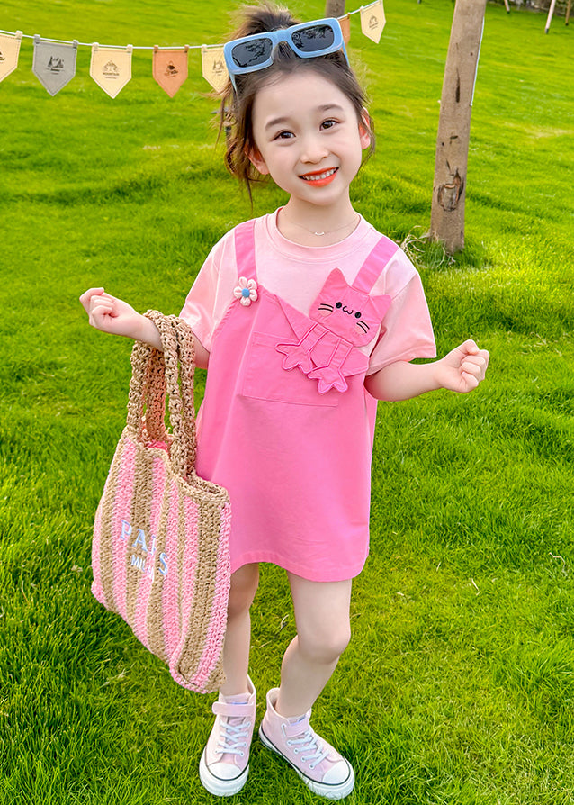 New Pink O Neck False Two Pieces Cotton Girls Dress Summer EW044