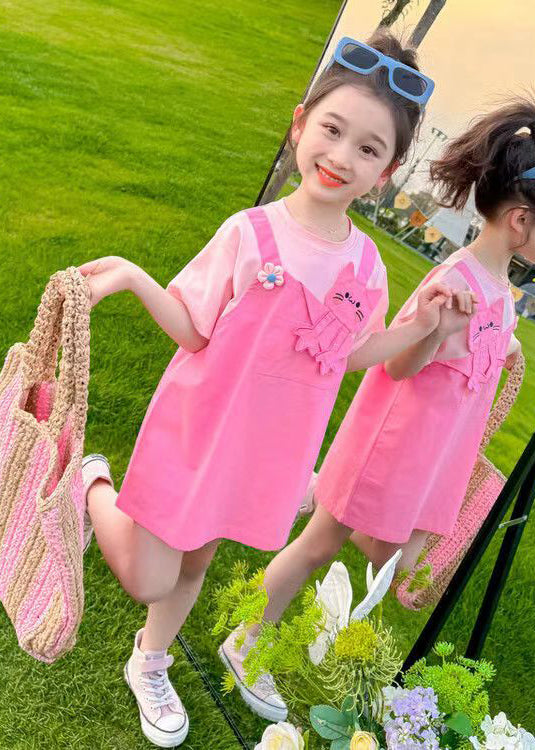 New Pink O Neck False Two Pieces Cotton Girls Dress Summer EW044