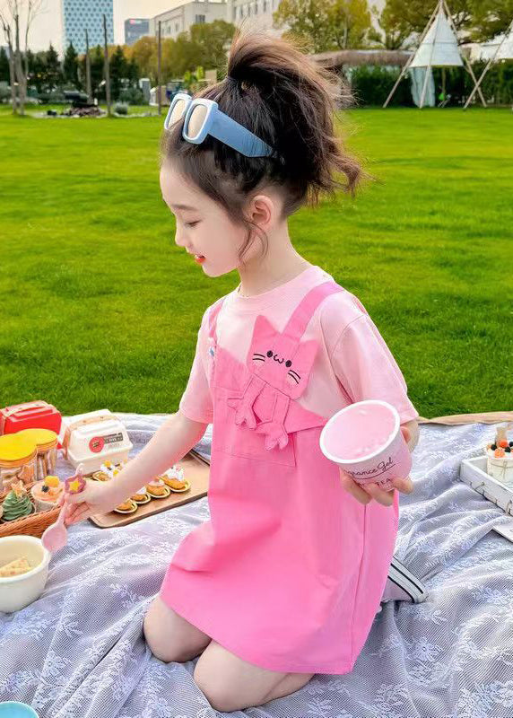 New Pink O Neck False Two Pieces Cotton Girls Dress Summer EW044