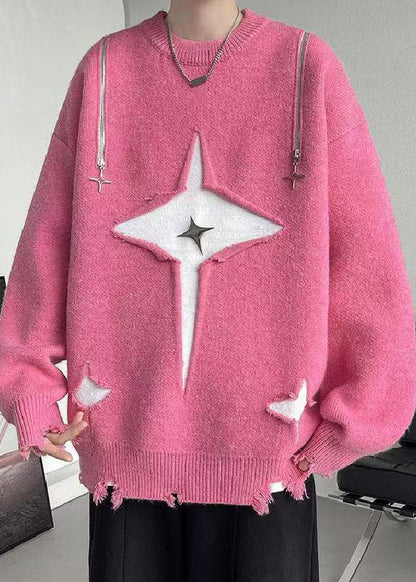 New Pink O Neck Hole Cozy Knit Men Sweater Fall QH020