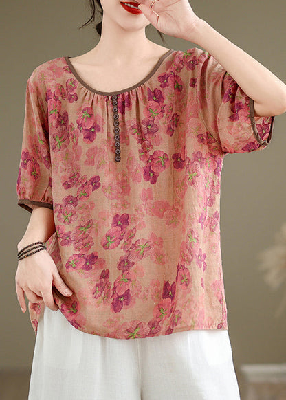 New Pink O Neck Print Button Linen Top Summer JH044