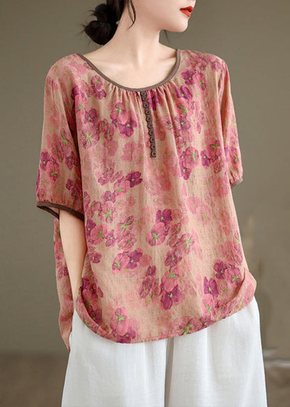 New Pink O Neck Print Button Linen Top Summer JH044