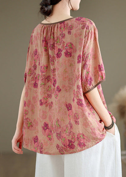 New Pink O Neck Print Button Linen Top Summer JH044