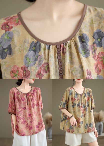 New Pink O Neck Print Button Linen Top Summer JH044