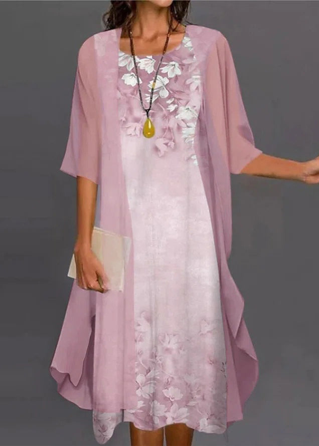 Sleeve Set O-Neck Chiffon Pink New Pieces Two Half Print