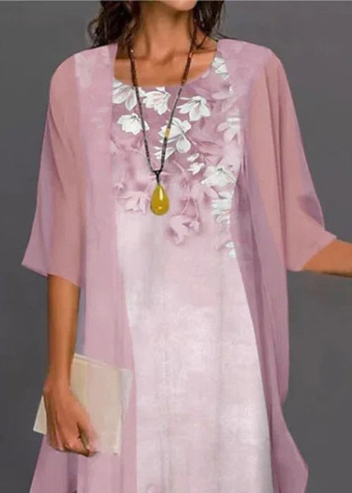 Sleeve Set O-Neck Chiffon Pink New Pieces Two Half Print