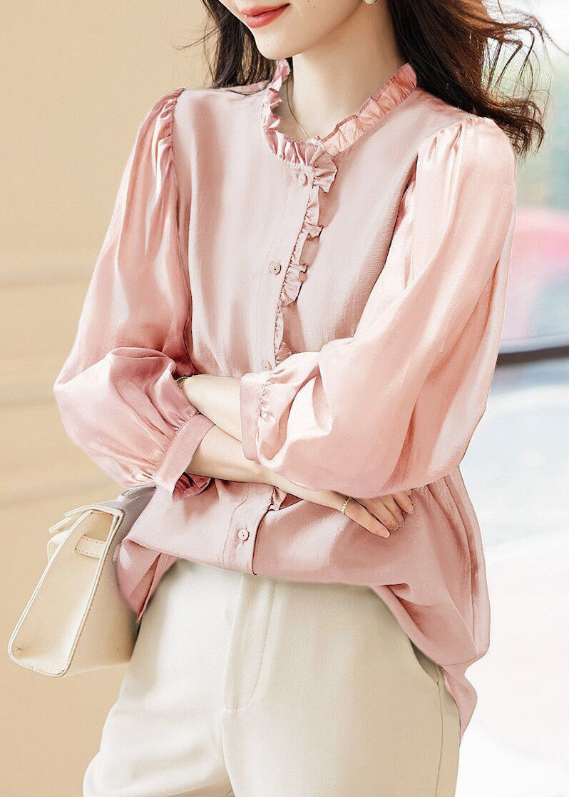 New Pink O-Neck Ruffled Button Chiffon Tops Spring Ada Fashion