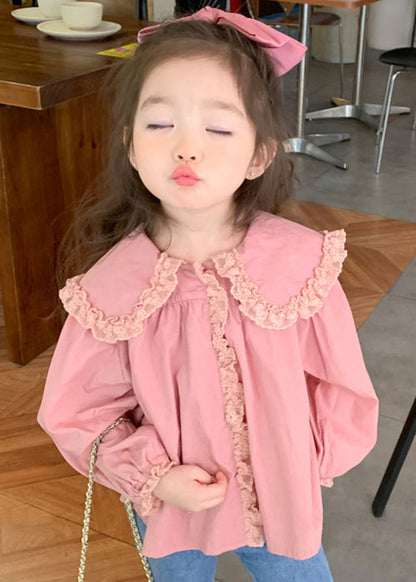 New Pink Peter Pan Collar Lace Patchwork Cotton Girls Blouses Spring YU1037