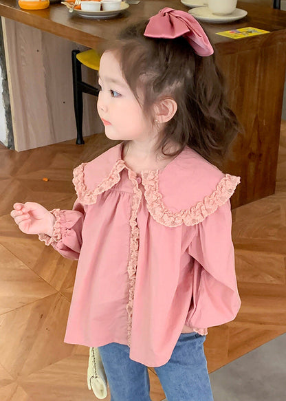 New Pink Peter Pan Collar Lace Patchwork Cotton Girls Blouses Spring YU1037