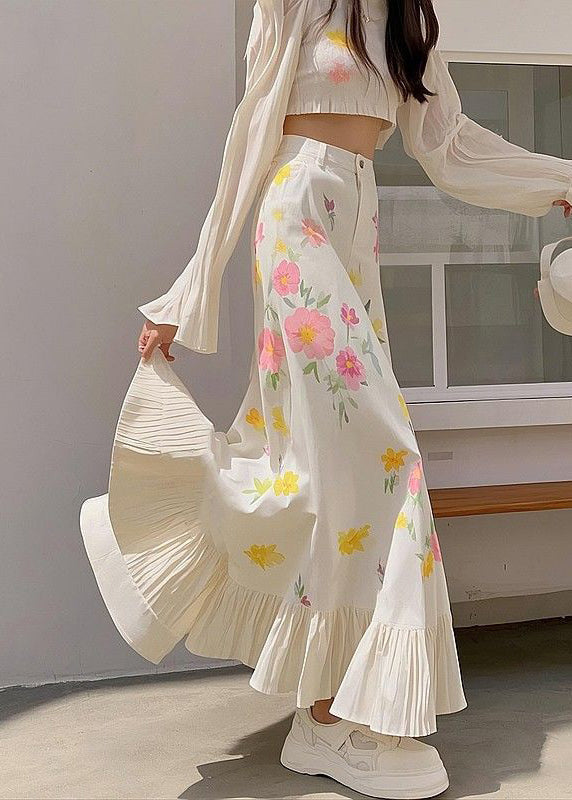 Neu Rosa Druck Taille Frühling Röcke Baumwolle Hohe Faltig