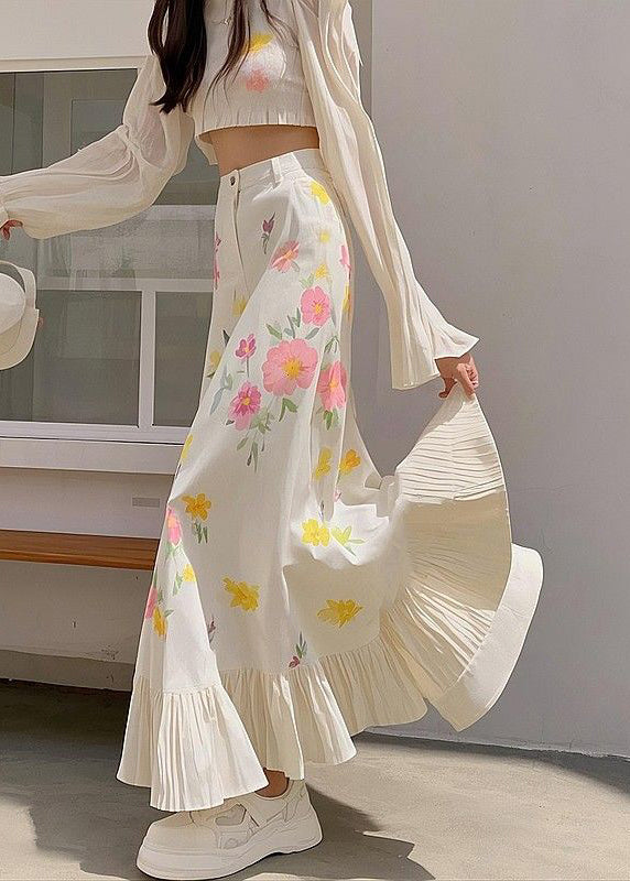 Neu Rosa Druck Taille Frühling Röcke Baumwolle Hohe Faltig