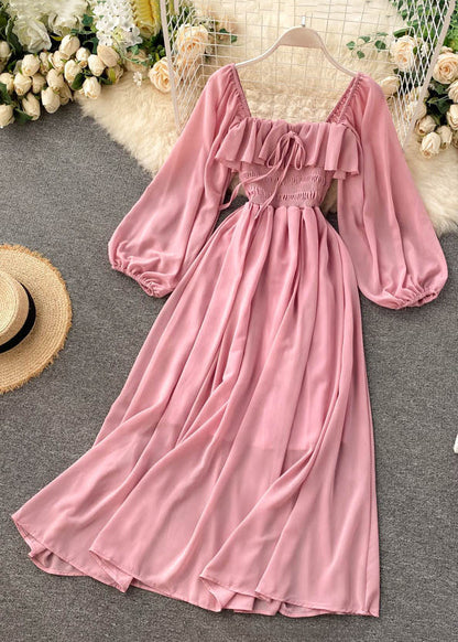 New Pink Square Collar Ruffled Chiffon Dress Fall TR026