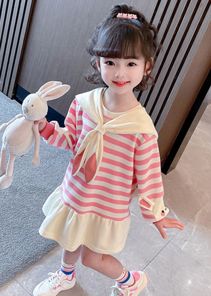 New Pink Striped Bow Cotton Girls Dresses Long Sleeve XZ064