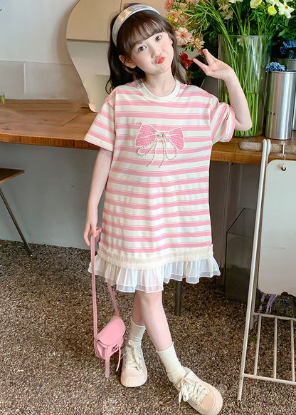 New Pink Striped Ruffled Patchwork Cotton Girls T Shirt Dress Summer EW057