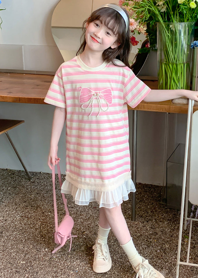 Nouvelle robe t-shirt en coton à volants et rayures roses pour filles, été EW057