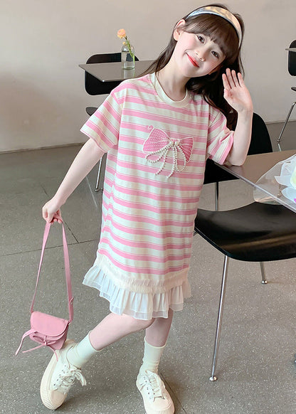 New Pink Striped Ruffled Patchwork Cotton Girls T Shirt Dress Summer EW057