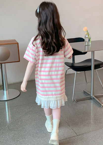 New Pink Striped Ruffled Patchwork Cotton Girls T Shirt Dress Summer EW057