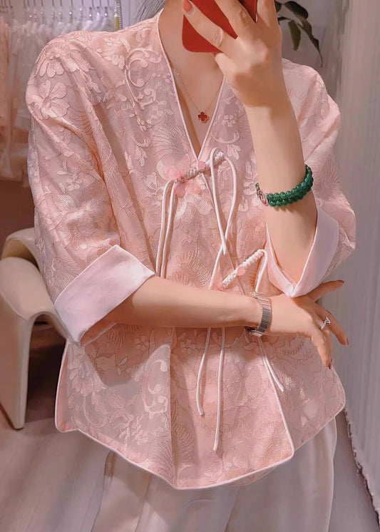New Pink V Neck Embroidered Chinese Button Silk Blouses Half Sleeve Ada Fashion