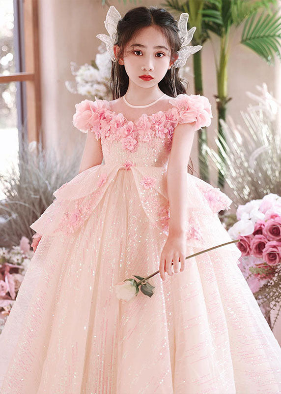 Robe longue rose à col en V et motif floral flatteur en tulle pour fille, été YE005
