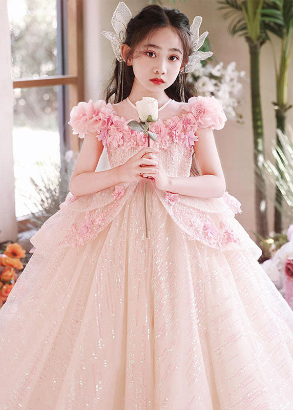 Robe longue rose à col en V et motif floral flatteur en tulle pour fille, été YE005
