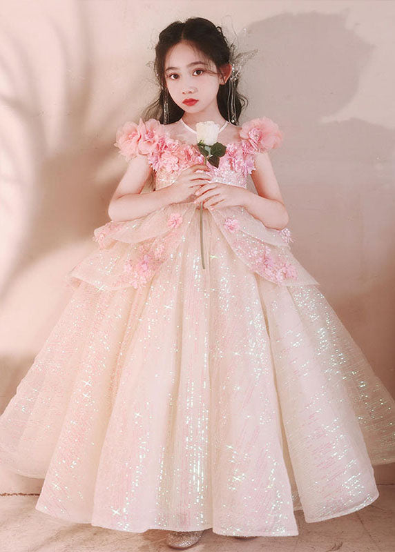 Robe longue rose à col en V et motif floral flatteur en tulle pour fille, été YE005