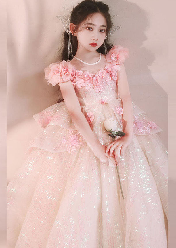 Robe longue rose à col en V et motif floral flatteur en tulle pour fille, été YE005