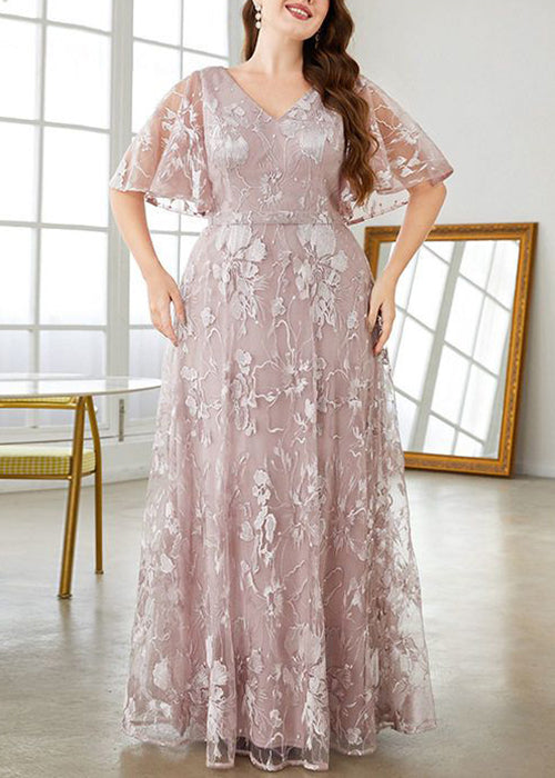 Flare Waist Pink V Party Sleeve High Dress Lace New Neck