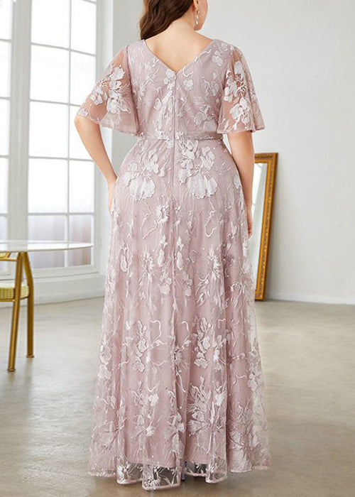 Flare Waist Pink V Party Sleeve High Dress Lace New Neck