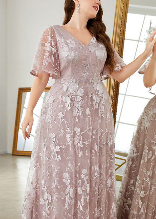Flare Waist Pink V Party Sleeve High Dress Lace New Neck