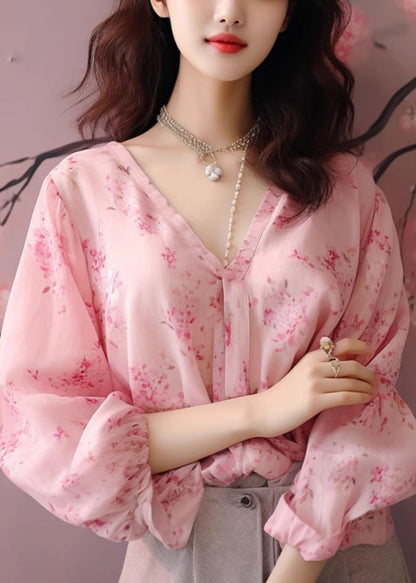 New Pink V Neck Print Chiffon Shirt Long Sleeve KJ020