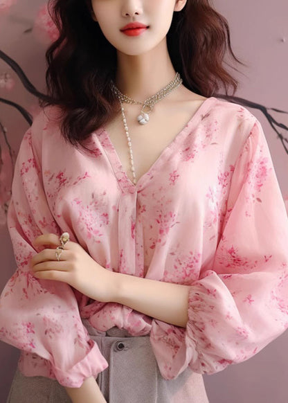 New Pink V Neck Print Chiffon Shirt Long Sleeve KJ020